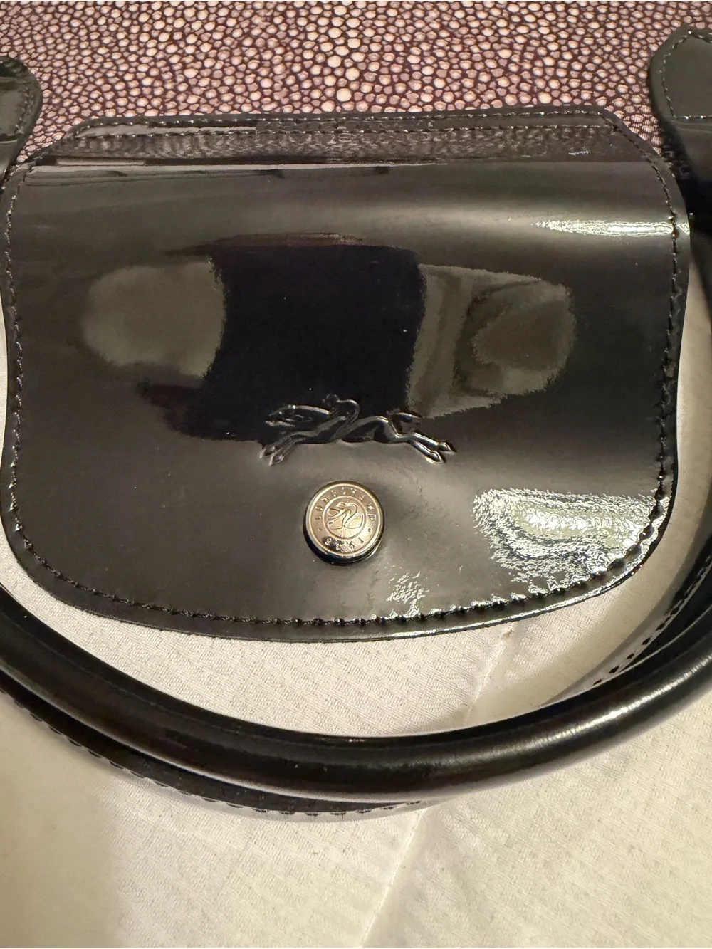 Longchamp Black & White Pebble Print Tote with Black Patent Leather Accents NWT